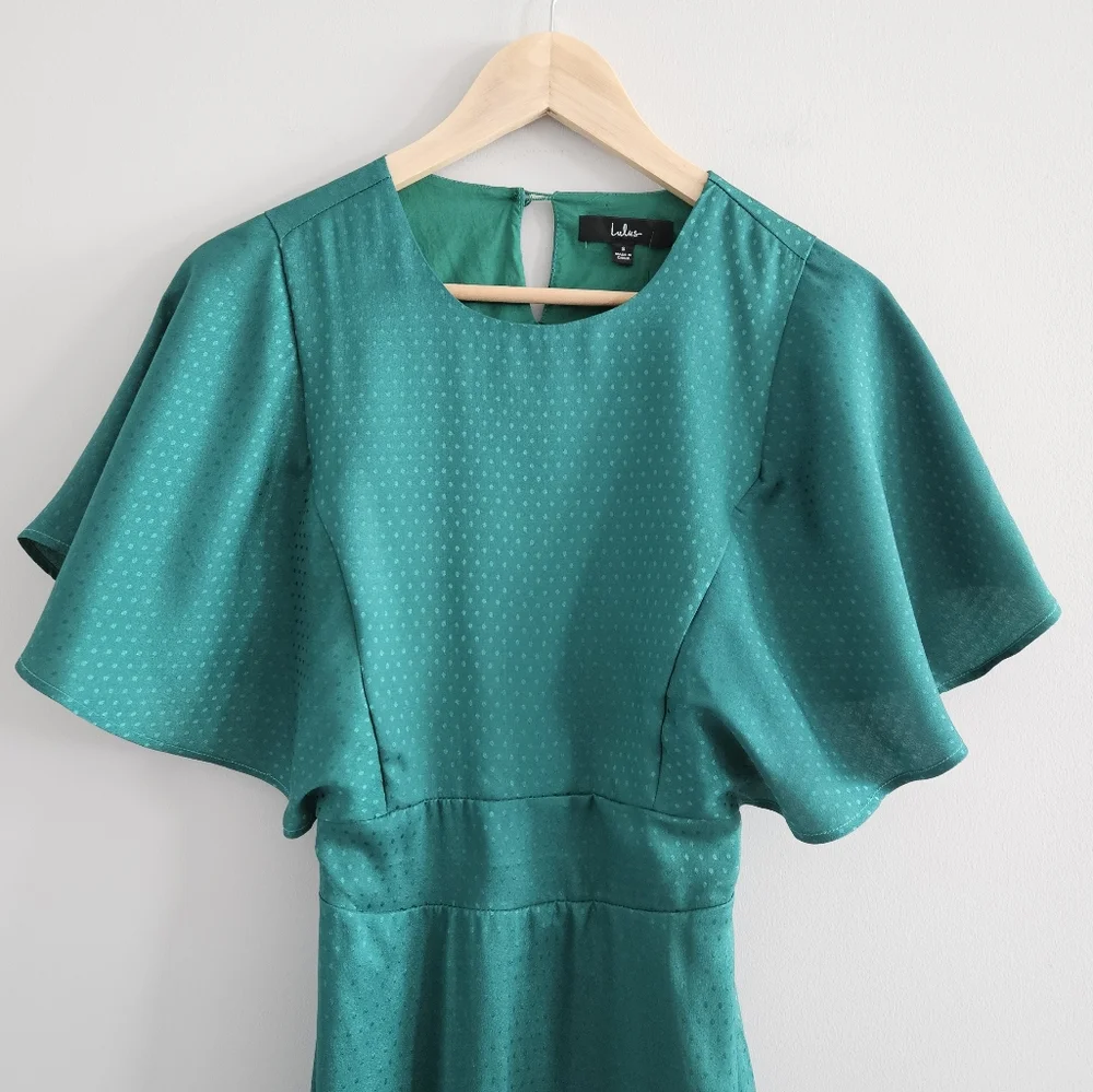 Lulu's Satin Midi Dress Emerald Green Small Polka Dot Satin Occasion Romantic - Picture 4 of 13